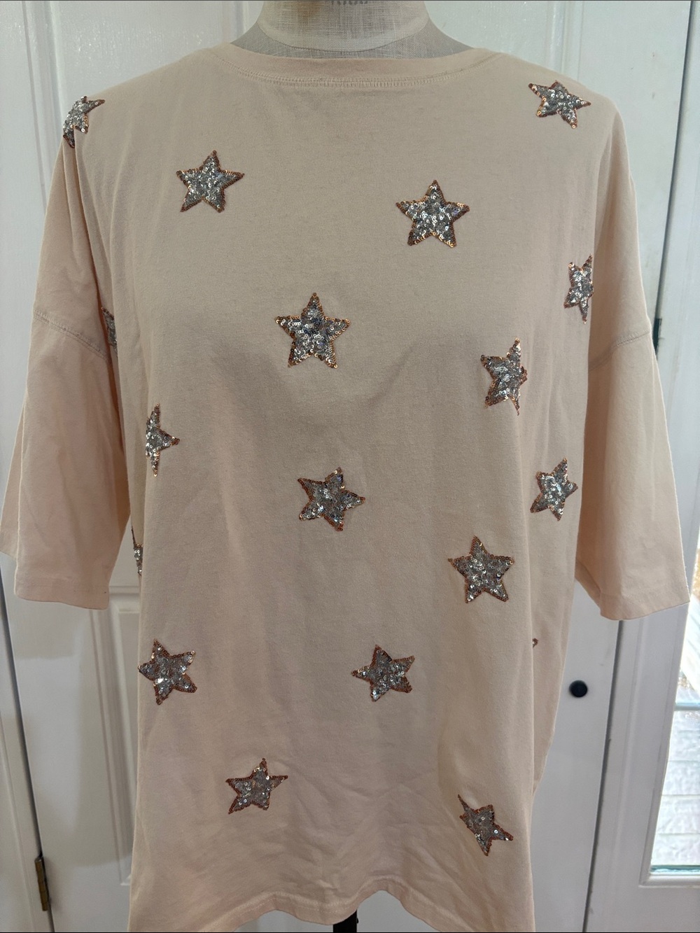 Peach Love California Beige Oversized Short Sleeve Sparkle Tee Large
